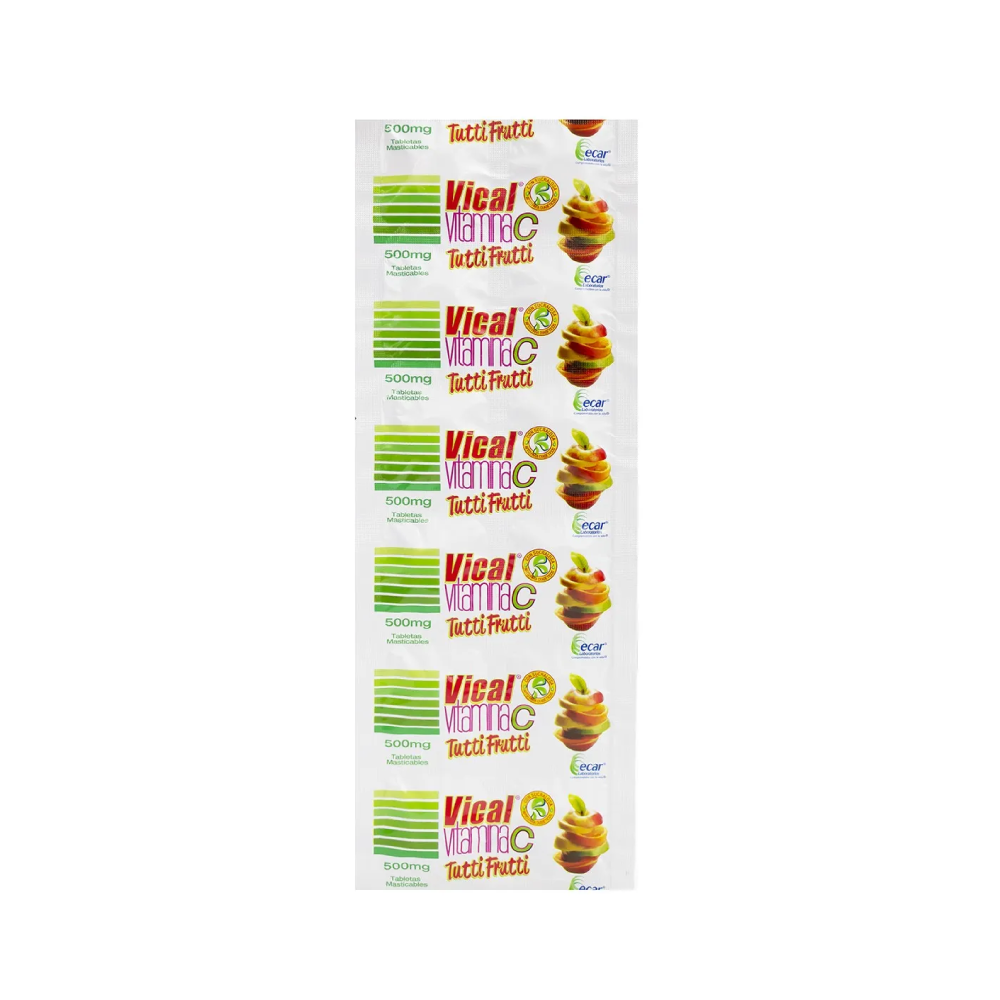 Vitamina C 500 mg sabor Tuti Frutti x 12 tabletas ECAR, presentación del producto.