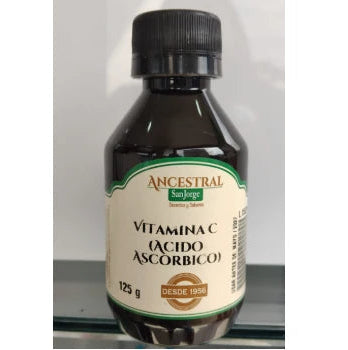 Vitamina C en polvo de 125 g de San Jorge, antioxidante natural, presentado en un envase blanco con tapa, textura fina y color blanco.