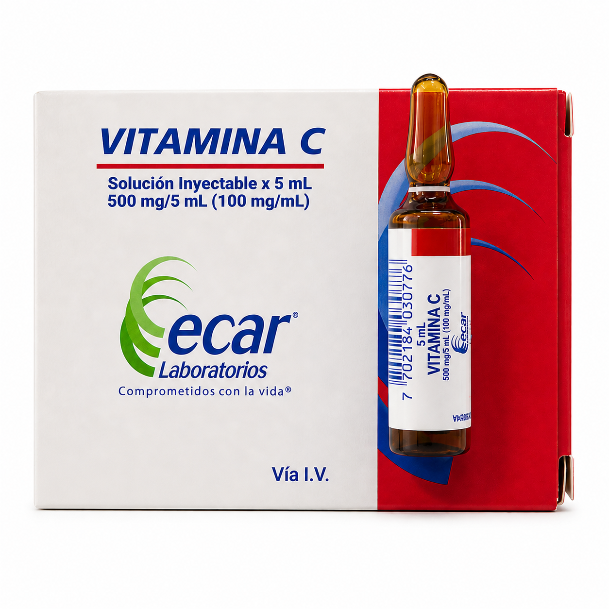 Vitamina C solución inyectable 500 mg 5 ml Ecar con ampolla y caja para uso intravenoso