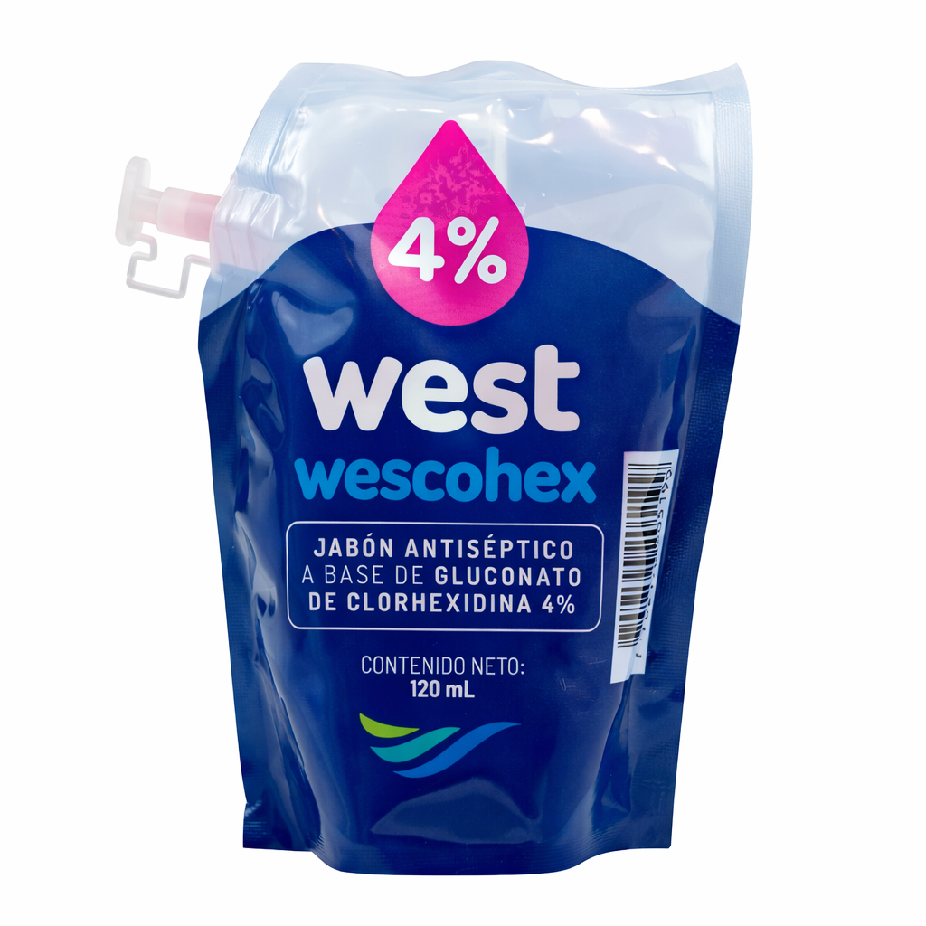 Jabón antiséptico Wescohex de 60 ml, líquido translúcido rosado, formulado con 4% de clorhexidina para la remoción de microorganismos.