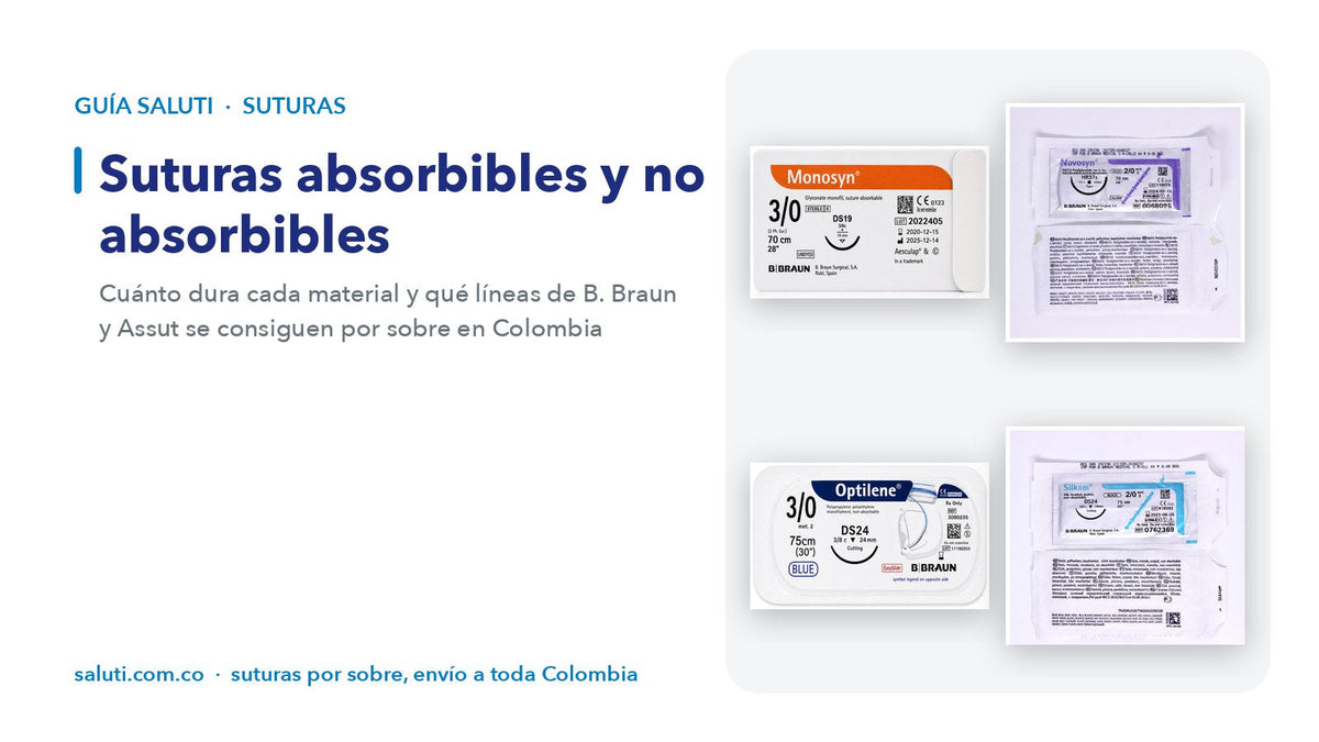 Sobres de Monosyn y Novosyn (absorbibles) junto a Optilene y Silkam (no absorbibles)
