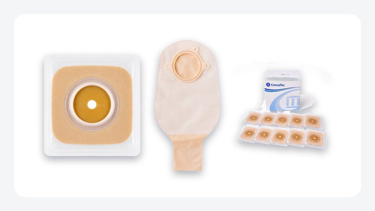 Barrera y bolsa de colostomía Natura de 57 mm junto a una caja de 10 barreras: cada cuánto se cambia la bolsa de colostomía y cuántas pedir al mes