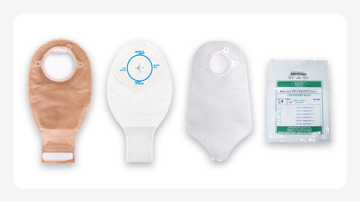 Tipos de bolsa de colostomía que vende Saluti: drenable Natura de ConvaTec, pediátrica Active Life, bolsa de urostomía AccuSeal y bolsa Meditec