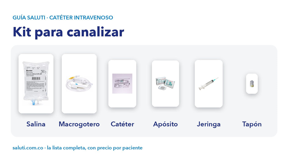 Insumos para canalizar una vena: catéter, equipo de macrogoteo, solución salina, tapón heparinizado, apósito Tegaderm y jeringa