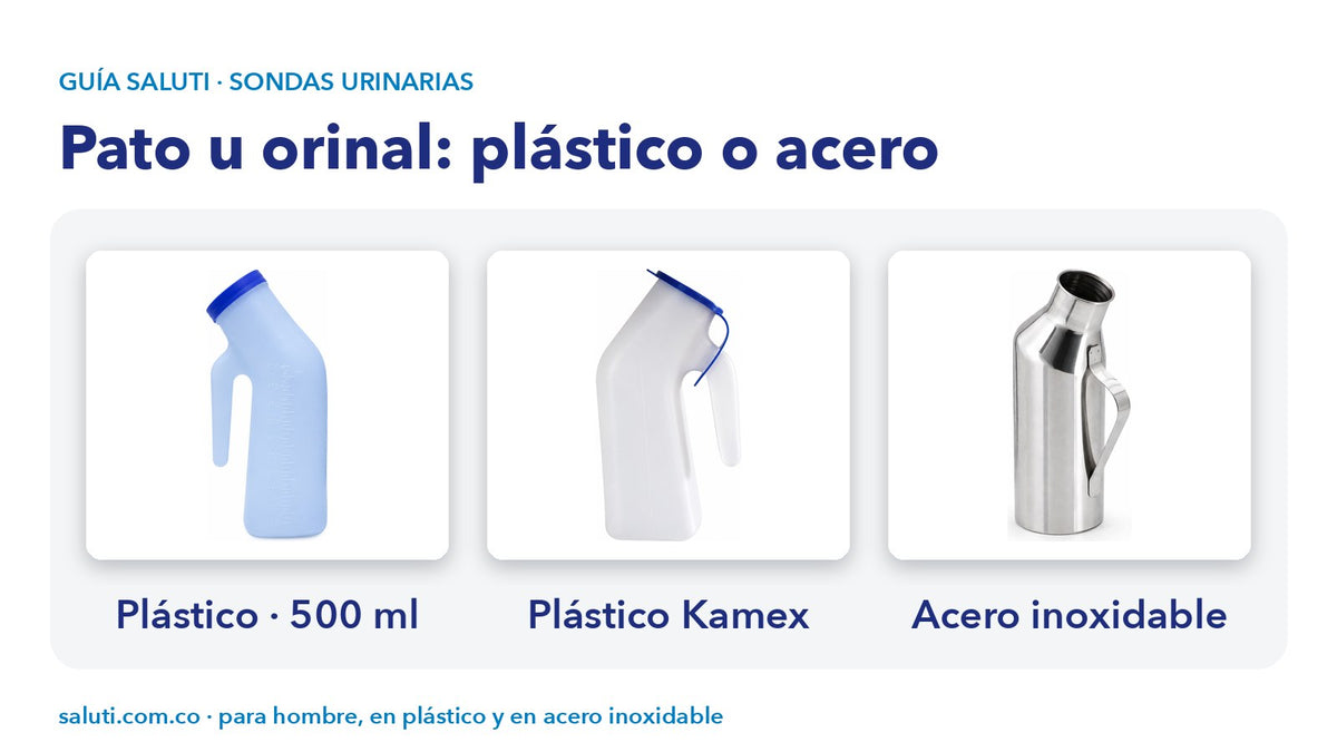 Pato orinal de hombre en plástico junto a uno de acero inoxidable