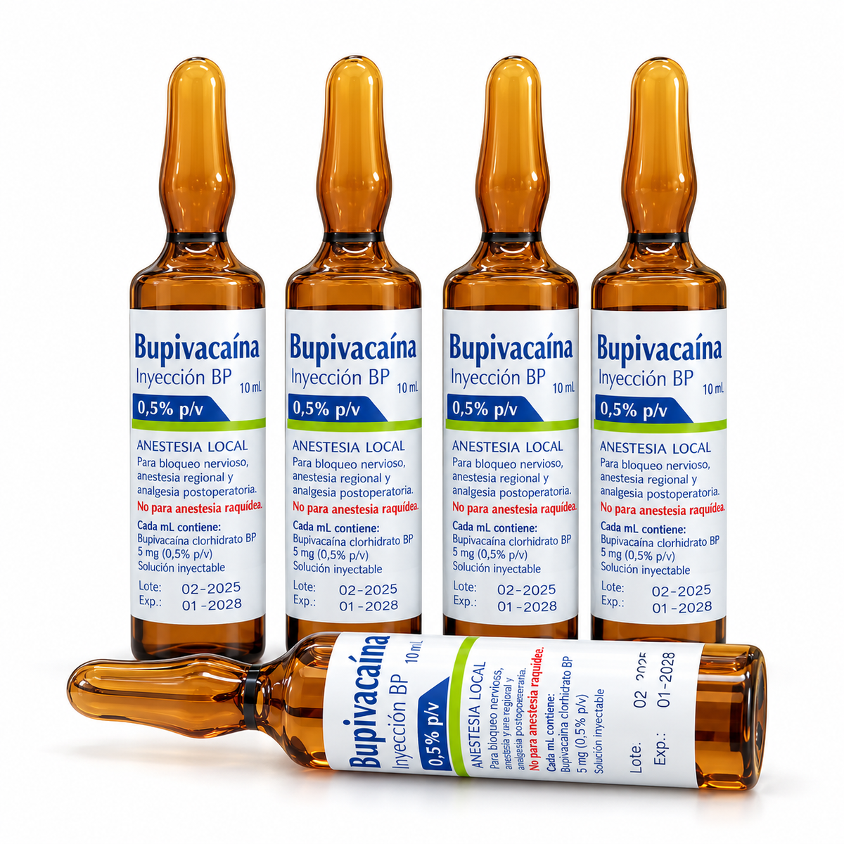 Bupivacaína clorhidrato al 0,5% (50 mg/10 ml), presentación en caja por 5 ampollas para uso médico.