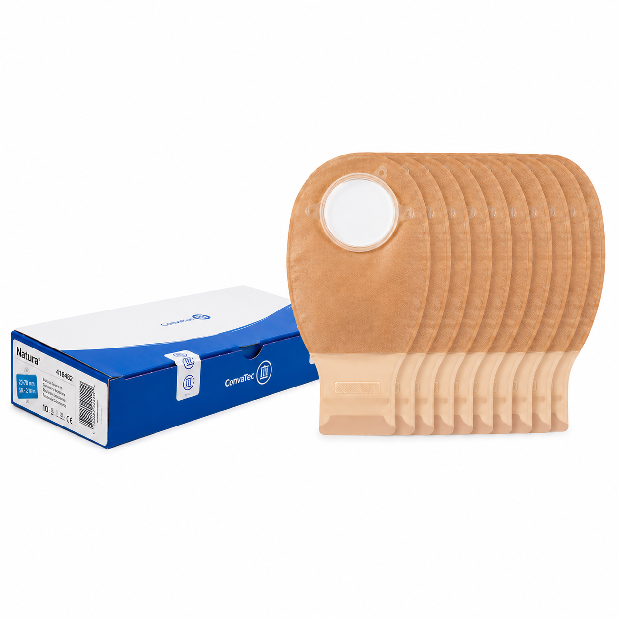 Bolsa de Colostomía Natura Convatec Caja x10 Unidades con bolsas drenables organizadas, solución para cuidado de ostomía con diseño seguro y confortable.