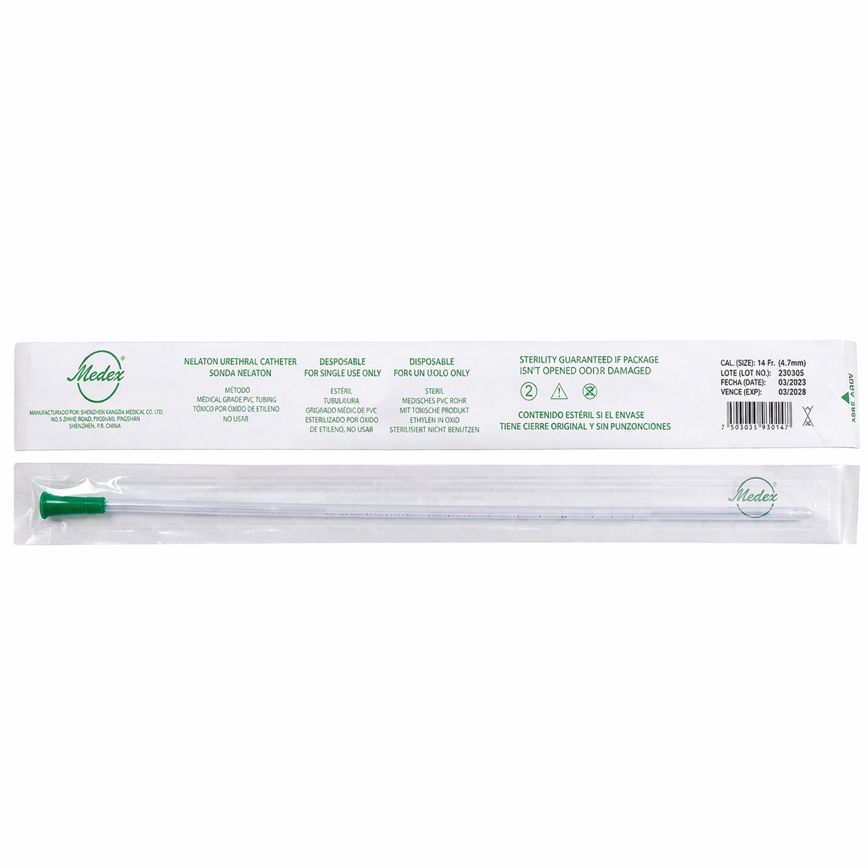 Sonda Nelaton #14 de MEDEX, fabricada en PVC médico, color transparente, longitud de 40 cm, con embudo verde y orificios alternos.