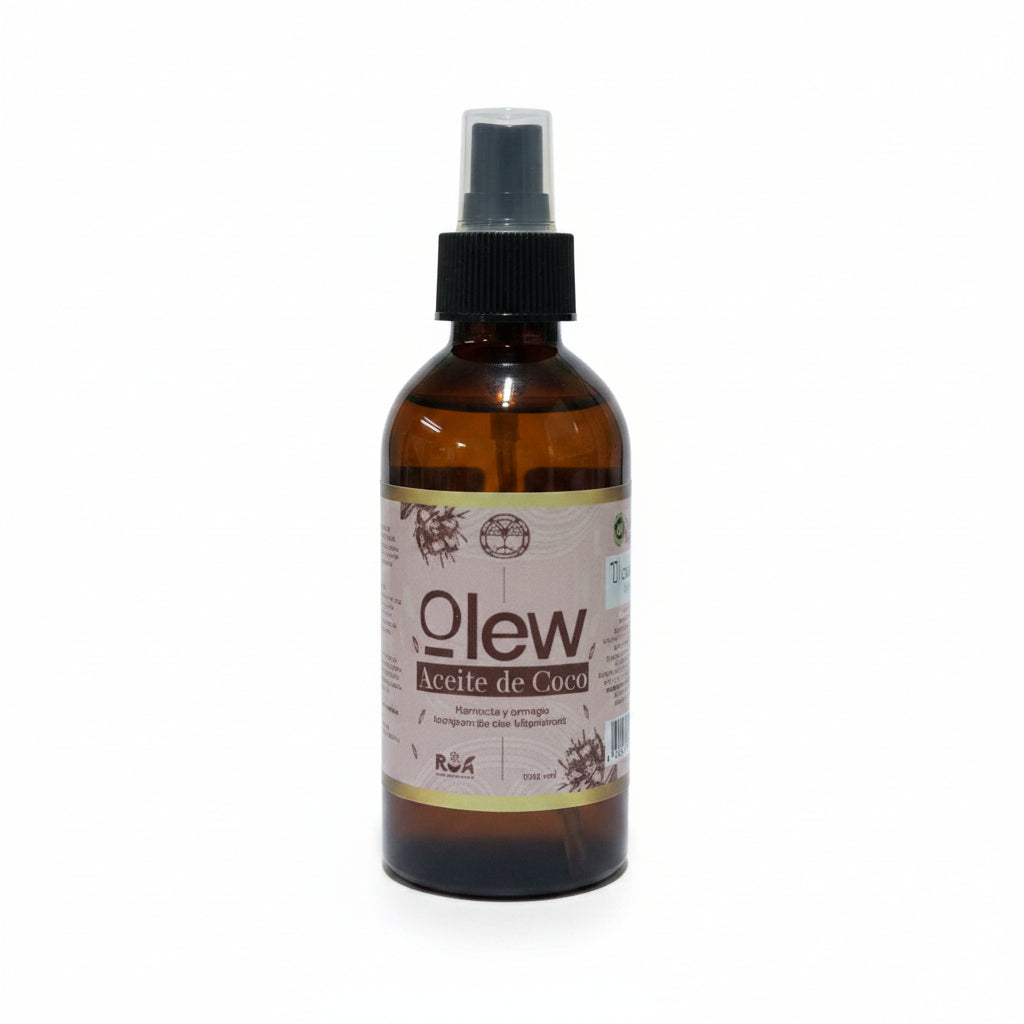 Aceite de coco Olew en spray multipropósito de 240 ml, envase transparente con tapa negra, ideal para hidratación y cuidado de la piel.