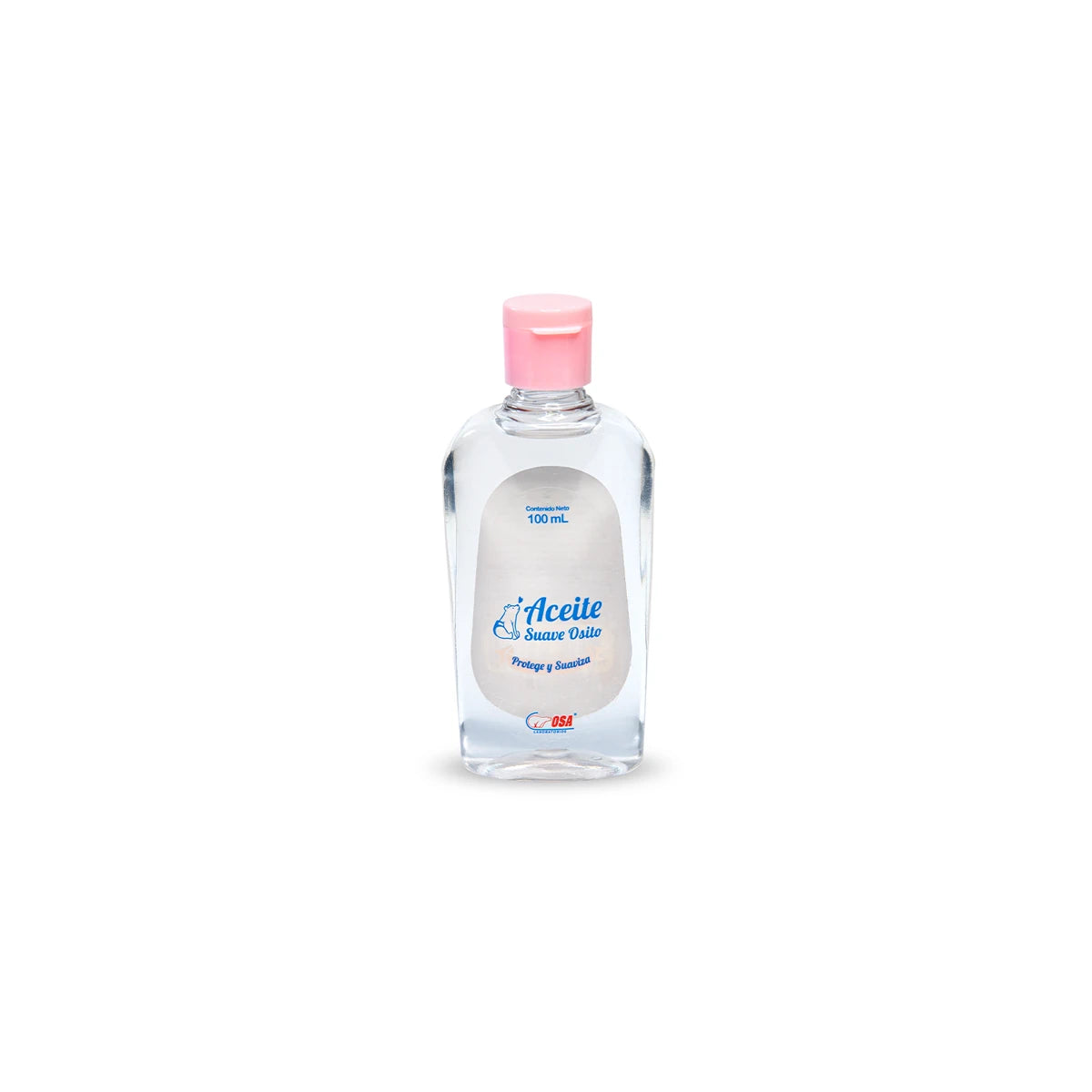 Aceite Suave Osito, 100 ml, frasco transparente con tapa blanca, líquido claro, ideal para hidratación natural de la piel.