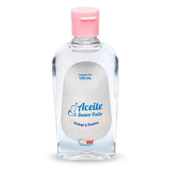 Aceite Suave Osito, 100 ml, frasco transparente con tapa blanca, líquido claro, ideal para hidratación natural de la piel.