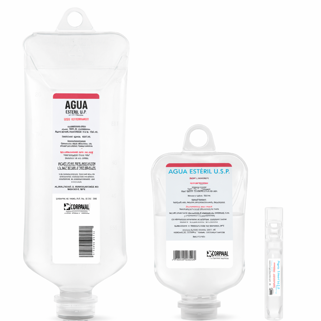 Agua Estéril USP, solución incolora y homogénea en ampollas de PEBD de 5 mL y 10 mL, y bolsas de 75 mL, 250 mL y 500 mL.