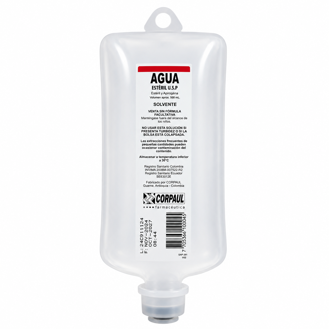 Agua Esteril Semirrígido 500ml - Corpaul PEBD Unidad