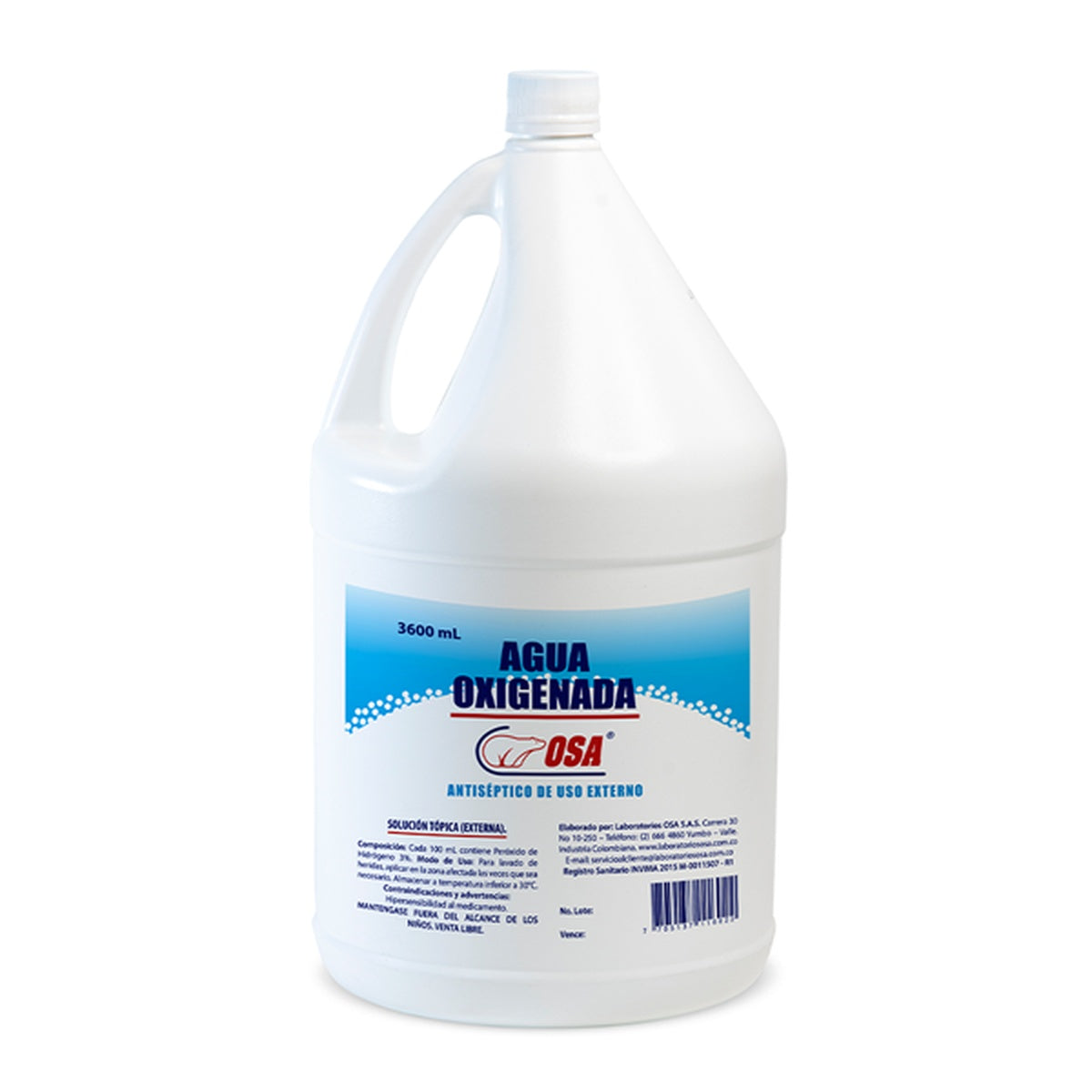 Agua oxigenada OSA 3% en envase de polietileno de alta densidad blanco de 3600 mL, con tapa de polipropileno, solución antiséptica.