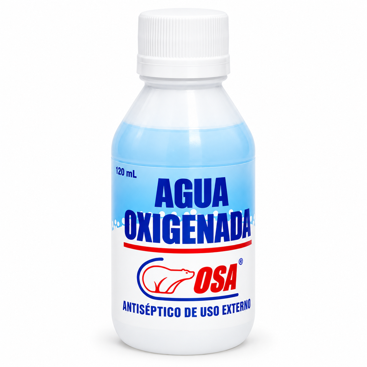 Agua oxigenada OSA al 3% de 120 ml, solución de peróxido de hidrógeno para uso antiséptico.
