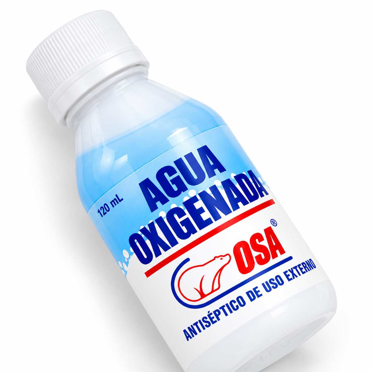 Agua oxigenada OSA con peróxido de hidrógeno al 3%, presentación de 120 ml para uso antiséptico.