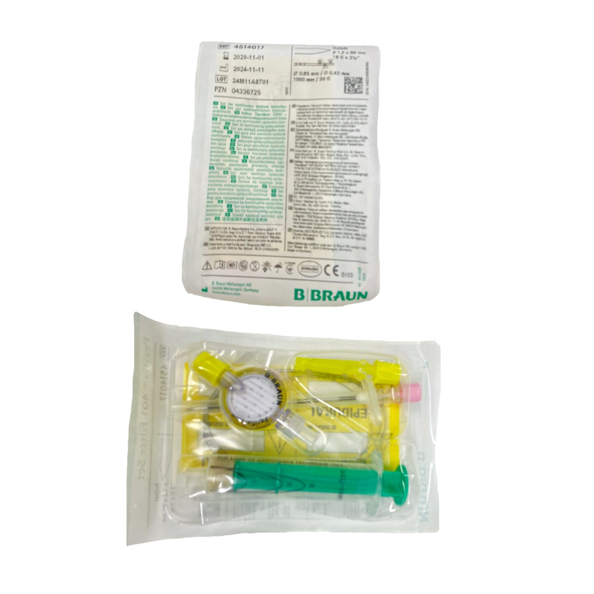 Set de catéter PERIFIX® de B. Braun, incluye aguja 18G, jeringa Lord, filtro y catéter, diseñado para anestesia epidural.