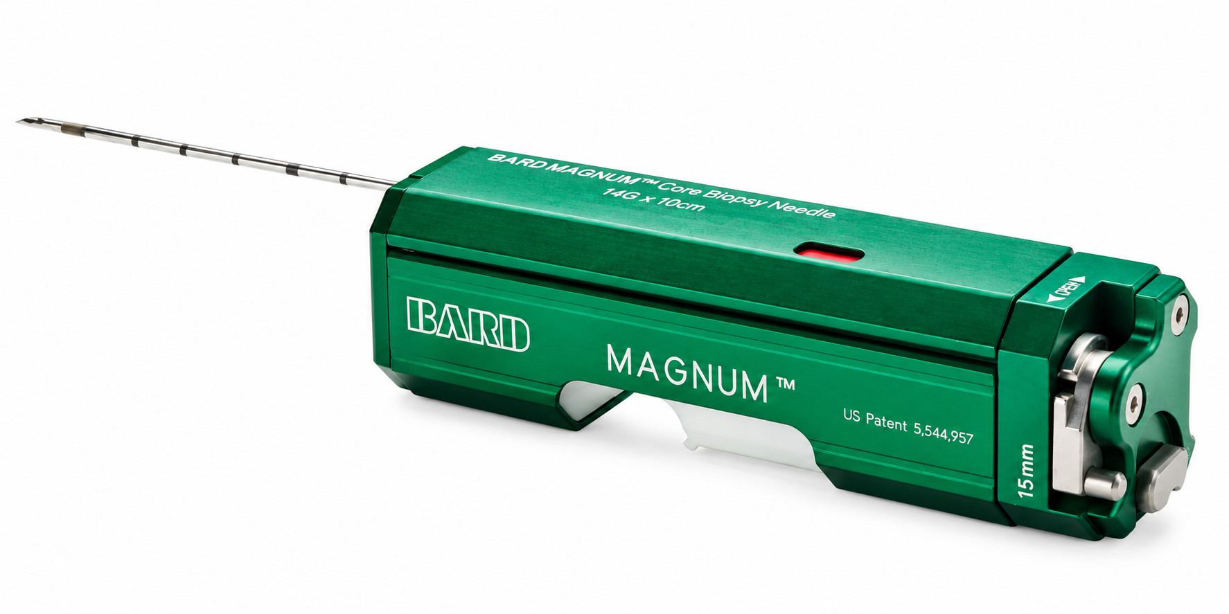 Aguja para biopsia de tejidos blandos BD Magnum calibre 14G y longitud de 10 cm, diseñada para toma de muestras de tejido.