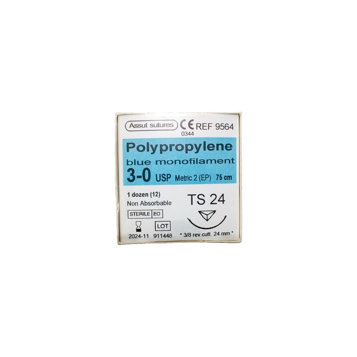 Aguja cortante de 75 cm, tamaño 3/0, fabricada en polipropileno, ideal para suturas en procedimientos clínicos.