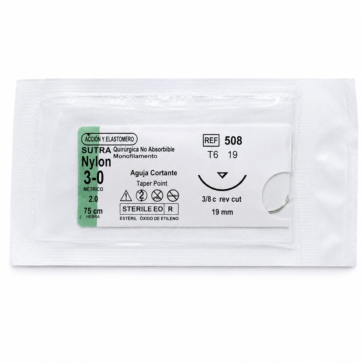 Aguja Cortante Nylon 3/0 19mm Hebra 75cm Ref.508