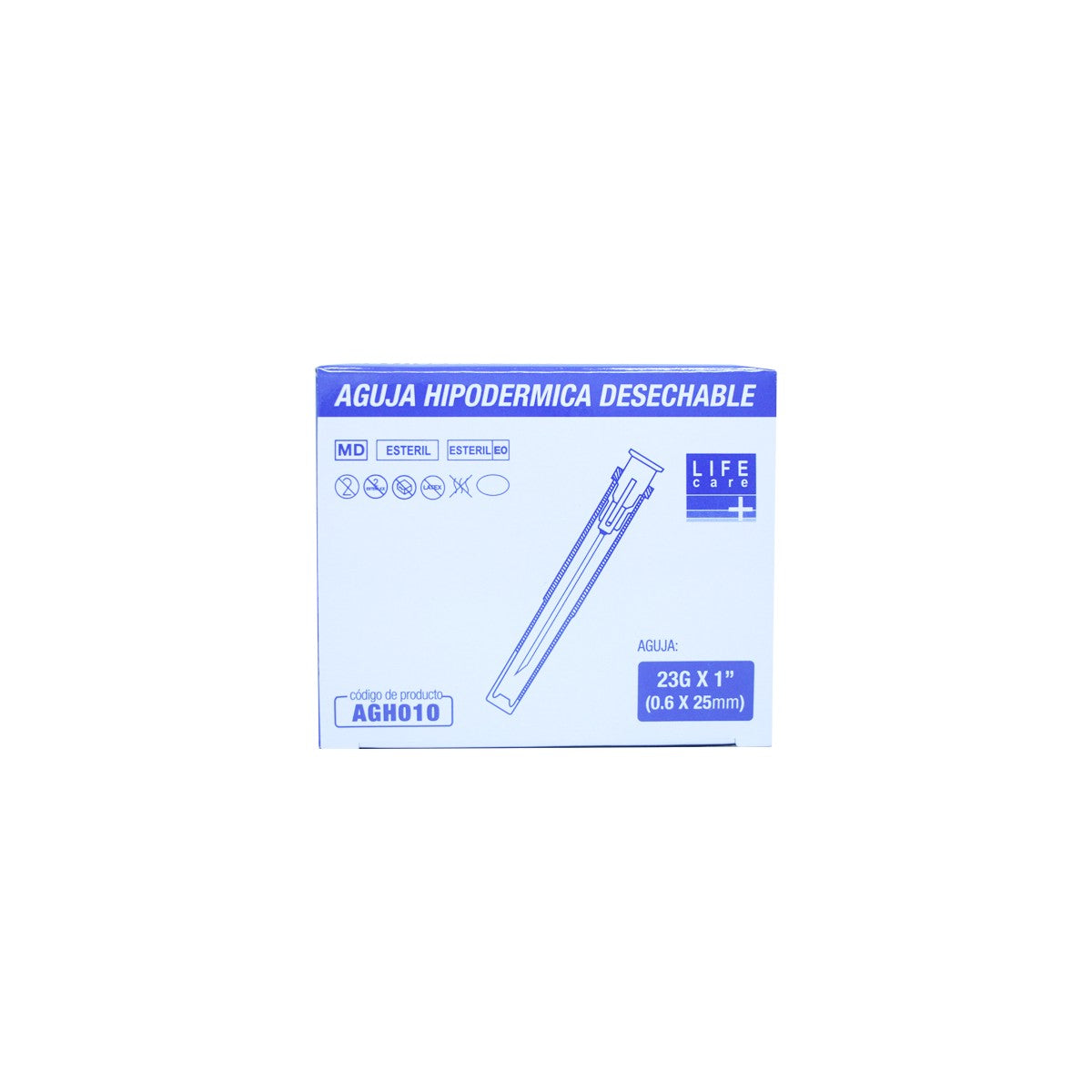 Aguja desechable 23G de Life Care, color verde, con un tamaño de 23G x 1" (25 mm), presentada en caja de 100 unidades sobre fondo blanco.