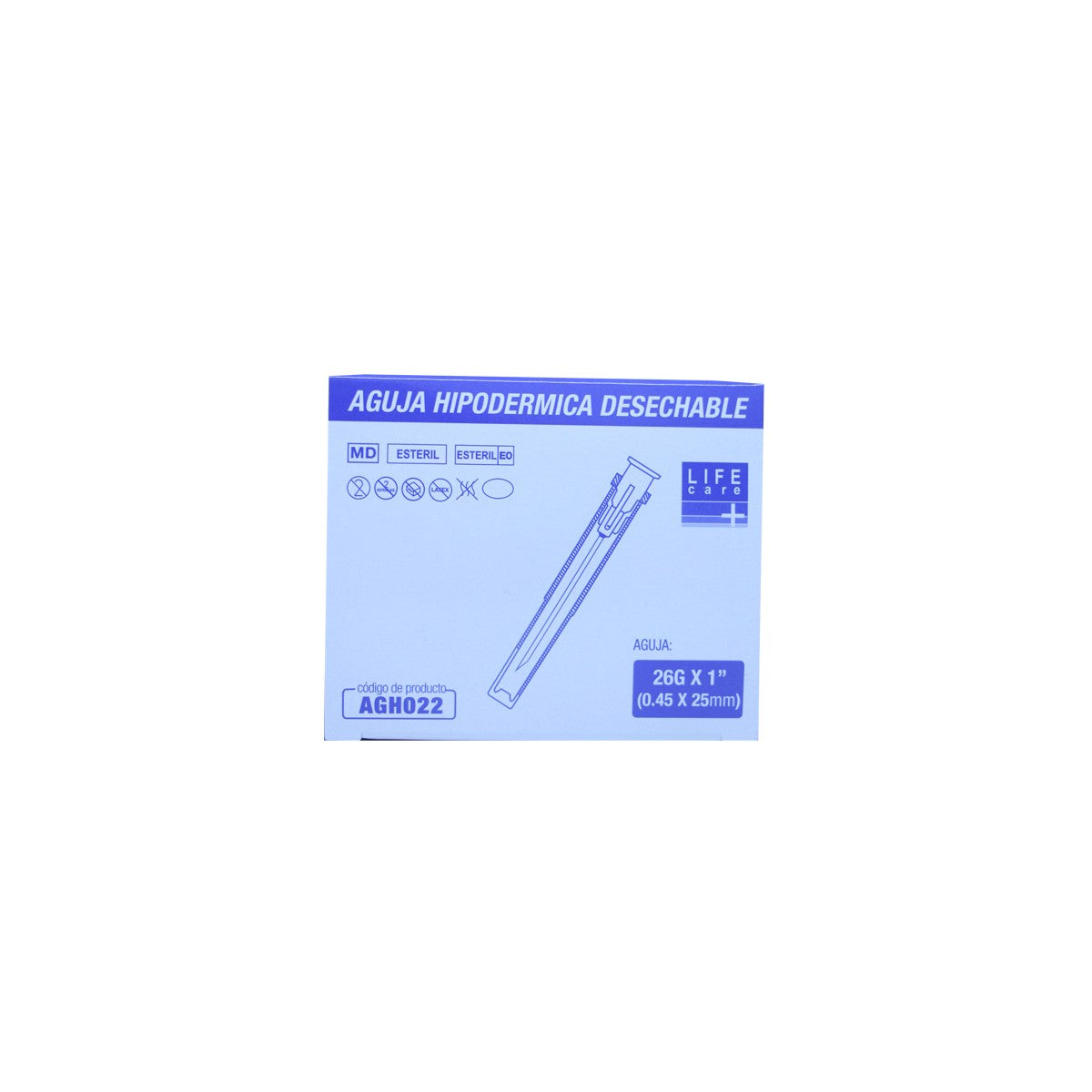 Aguja desechable 26G de la marca Life Care, color verde, presentada en una caja de 100 unidades, fondo blanco.