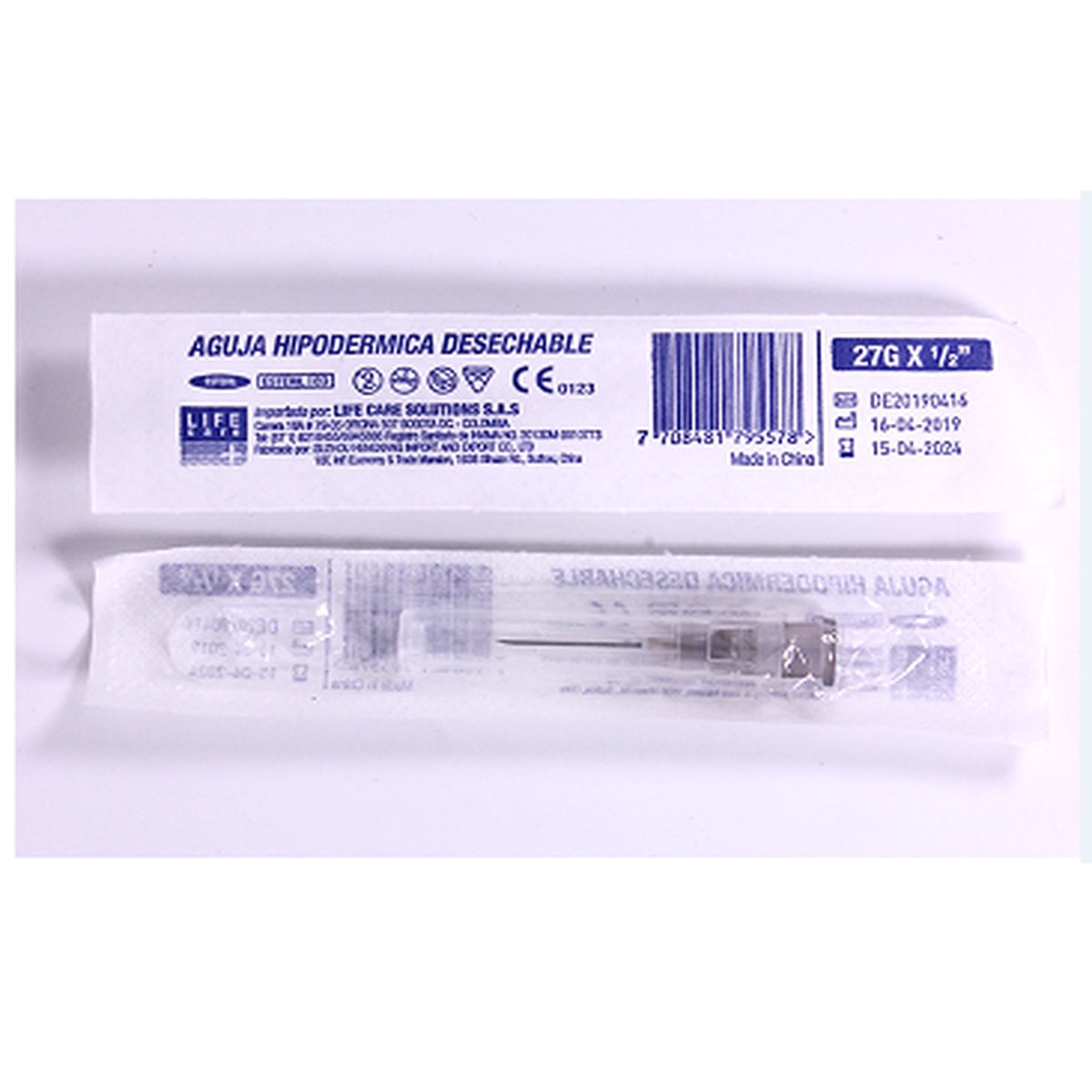 Aguja hipodérmica desechable de 27G, estéril, con conector luer slip y cubierta protectora, presentada en caja de 100 unidades.