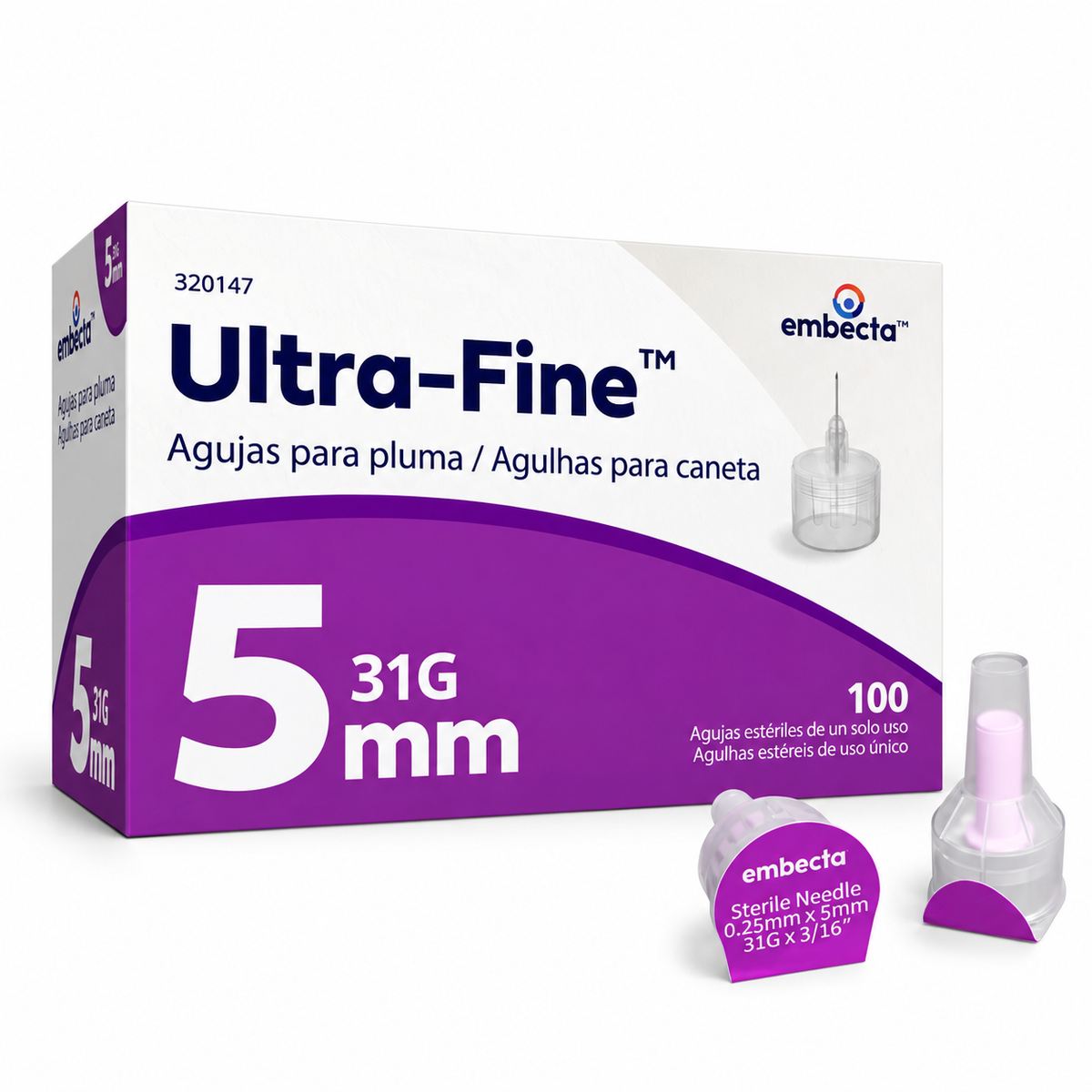 Aguja para lapicero de insulina BD de 5 mm y calibre 31G, diseñada para aplicación subcutánea con dispositivos compatibles.