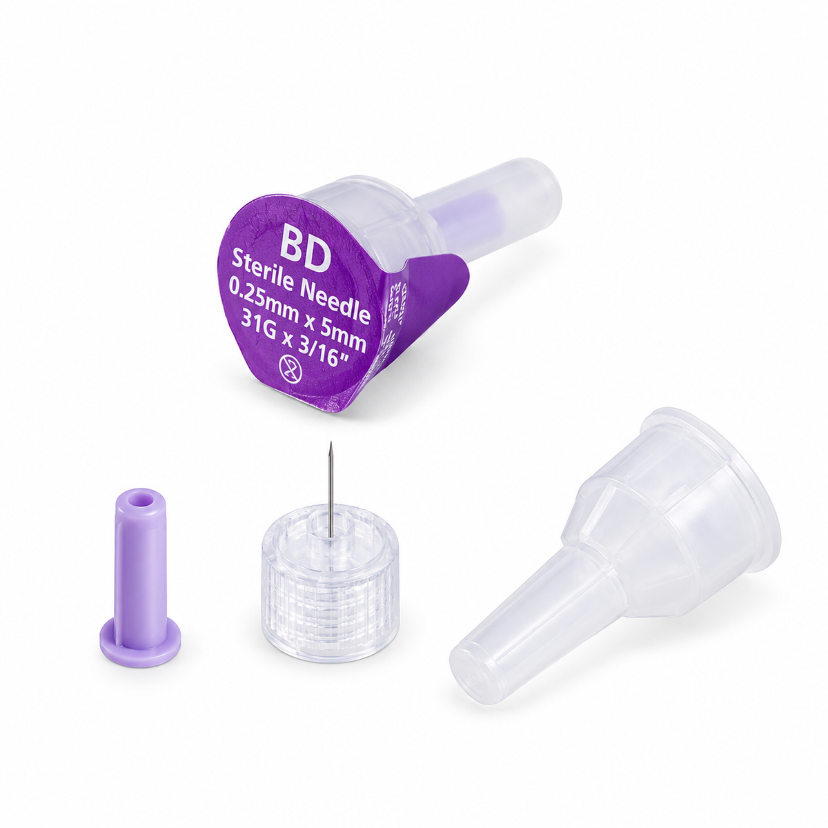Aguja para lapicero de insulina BD de 5 mm y calibre 31G, presentación en caja por 100 unidades, compatible con dispositivos de insulina.
