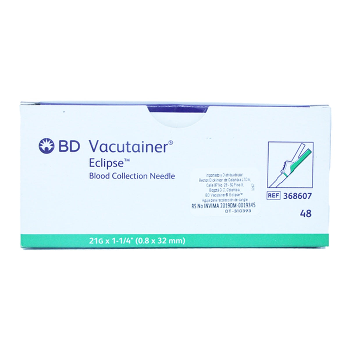 Aguja Múltiple BD Eclipse® de acero inoxidable, 22G x 1.25" (negro) y 21G x 1.25" (verde), presentada en caja de 48 unidades.