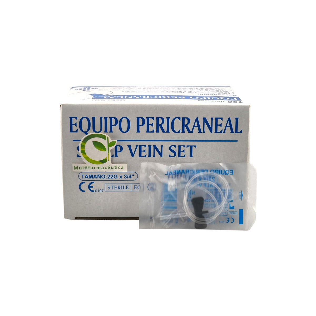 Set pericraneal Nipro 22G, compuesto por aguja de acero inoxidable, tubo de PVC de 30 cm y conector Luer, en empaque de 50 unidades.