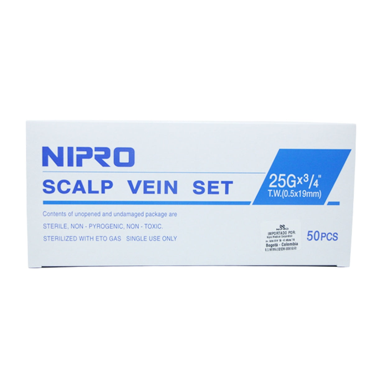 Set Pericraneal Nipro 25G, compuesto por aguja de acero inoxidable, tubo de PVC y conector Luer, diseñado para infusión y recolección de sangre.