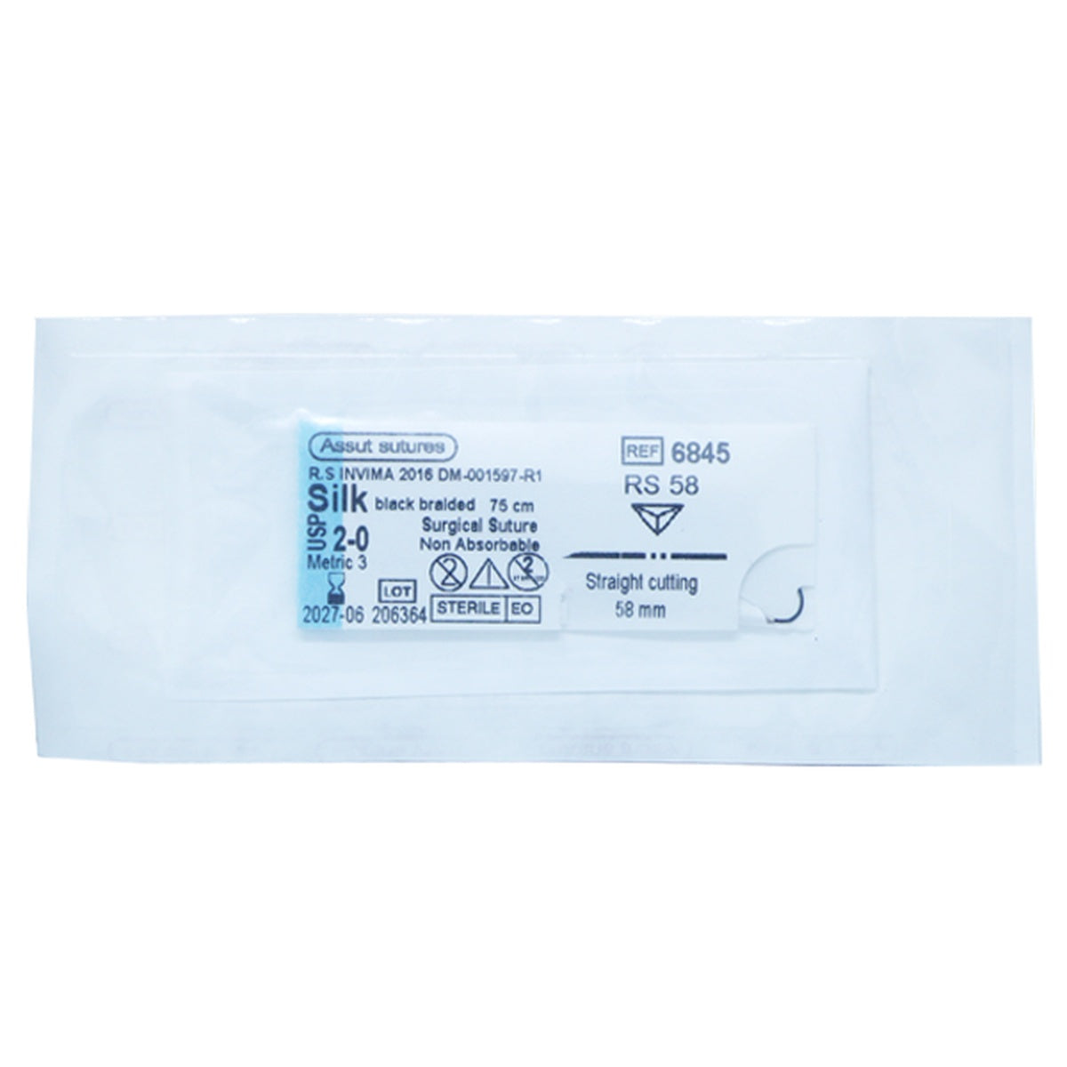 Sutura estéril no absorbible de seda natural, color azul, trenzada, con aguja recta cortante de 58 mm, referencia 6845.