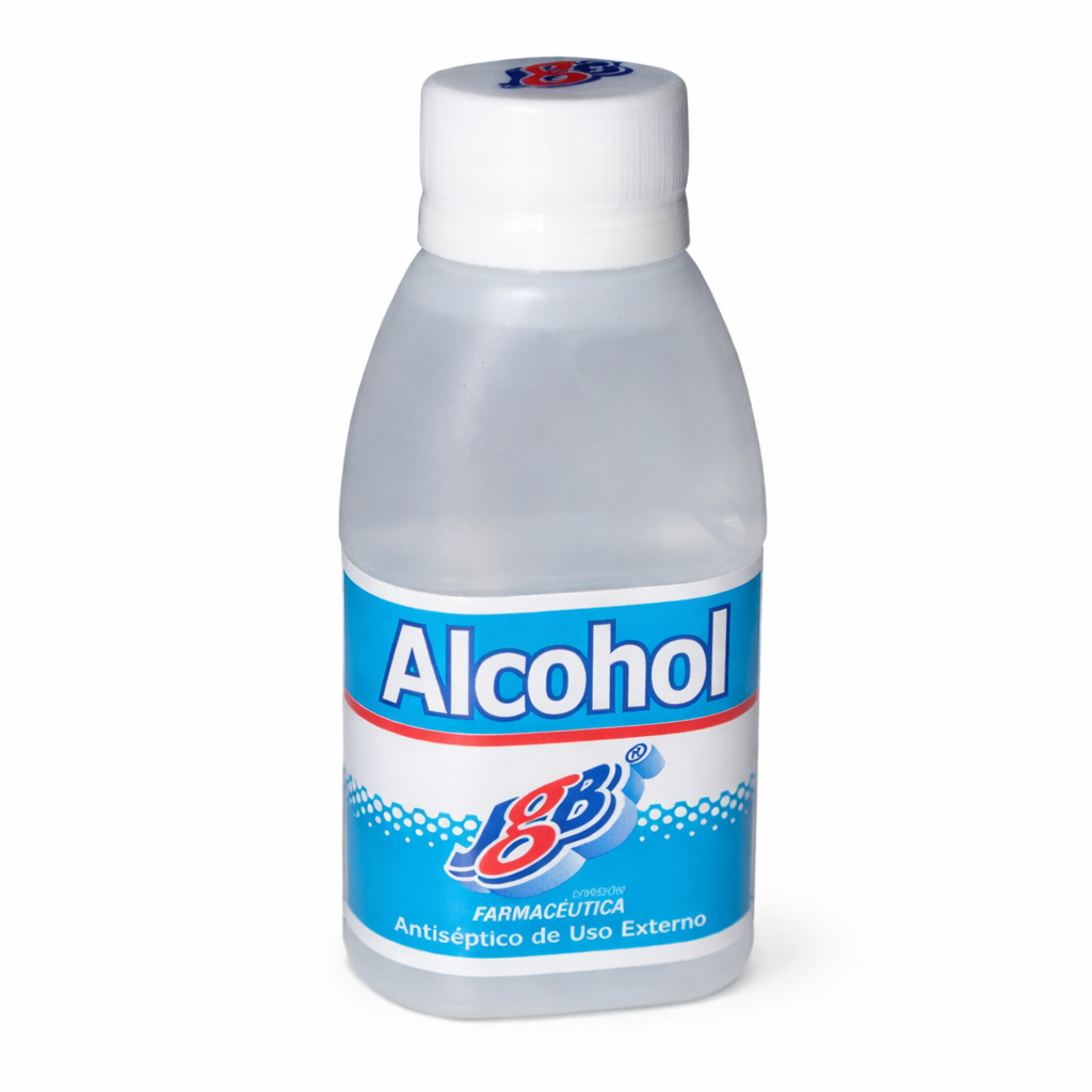 Alcohol antiséptico JGB 70% en envase de plástico de 120 ml, líquido incoloro con olor característico, ideal para aplicación sobre la piel.