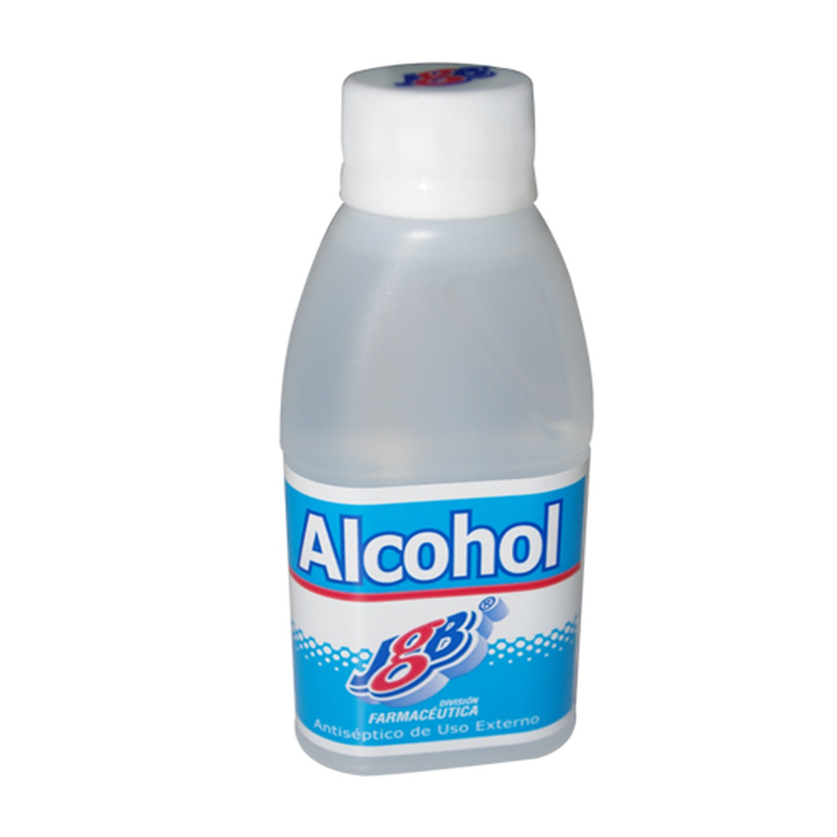 Alcohol antiséptico JGB 70% en envase de plástico de 120 ml, líquido incoloro con olor característico, ideal para aplicación sobre la piel.