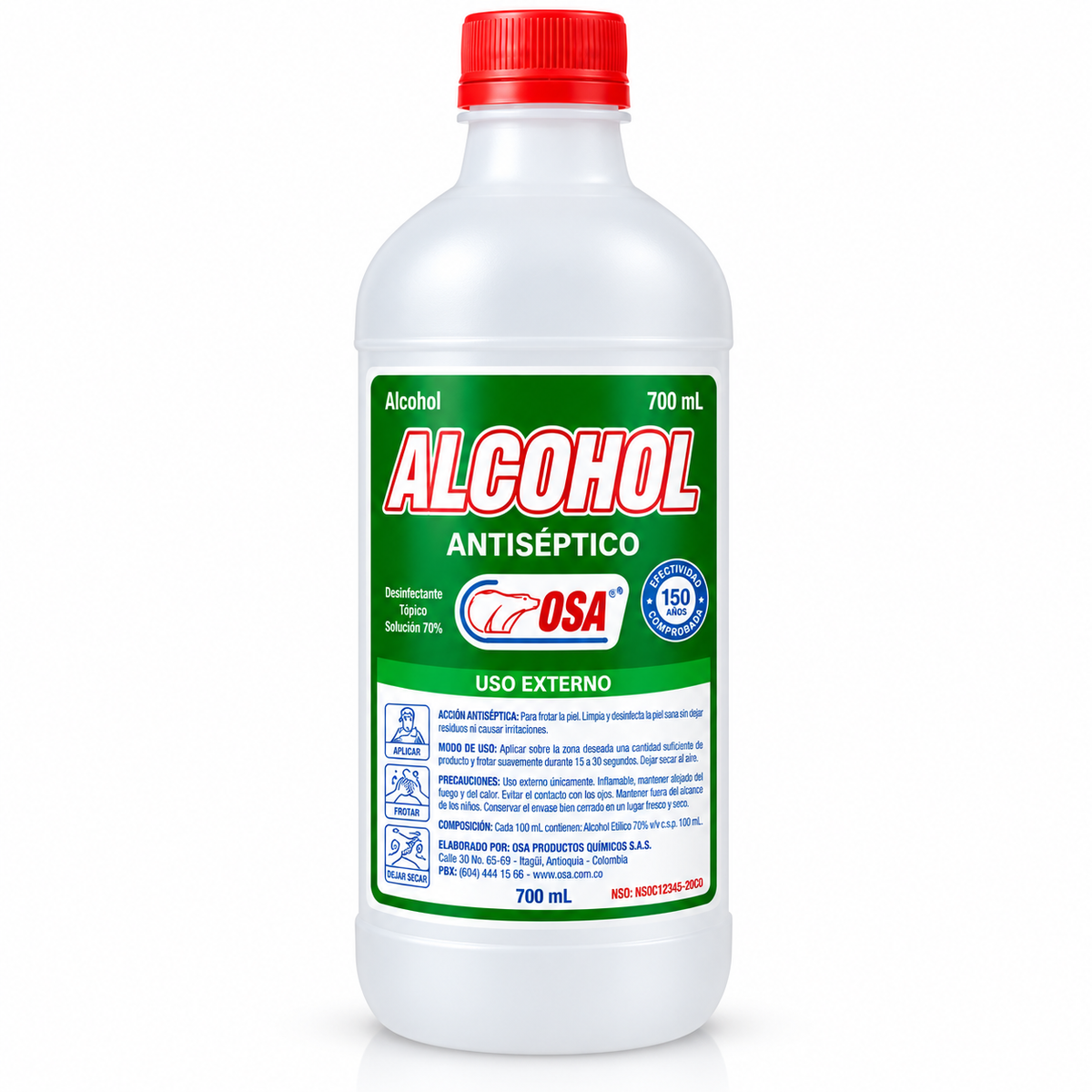 Alcohol antiséptico OSA al 70% en envase plástico de 700 ml para limpieza y desinfección.