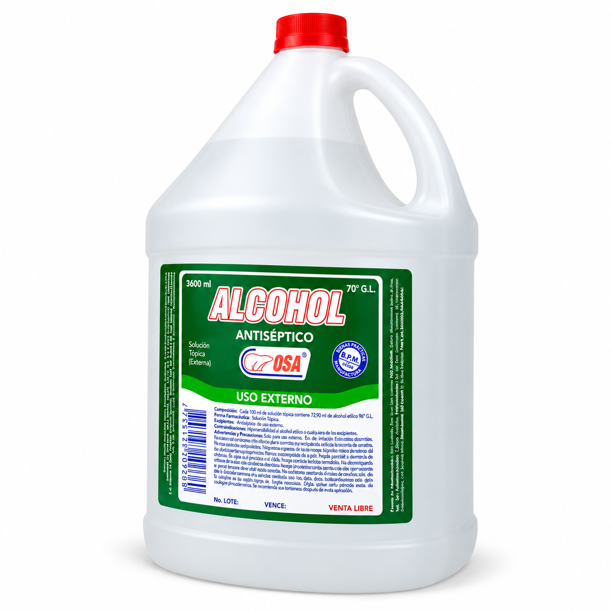 Alcohol antiséptico OSA al 70% en presentación de 3600 ml para limpieza y desinfección.