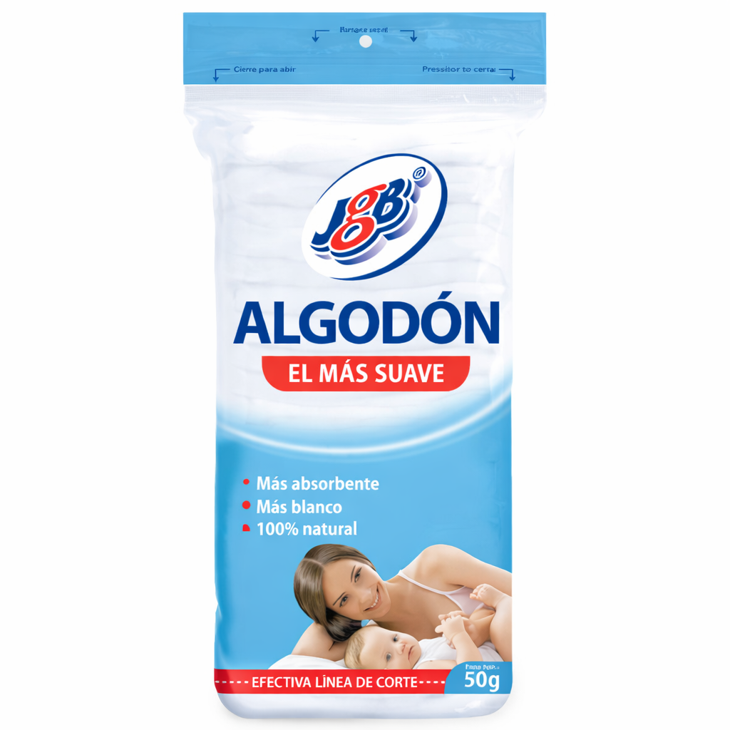 Algodón Purificado JGB Zig-Zag de 50 g, 100% algodón natural, presentado en bolsa de polietileno, ideal para aplicaciones médicas y de cuidado personal.
