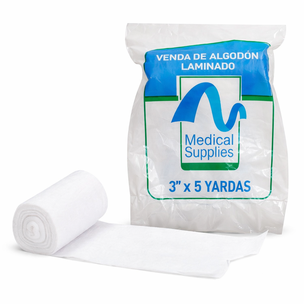 Algodón laminado de 3" x 5 yardas, color blanco, ideal para suministros médicos, presentado en rollo.