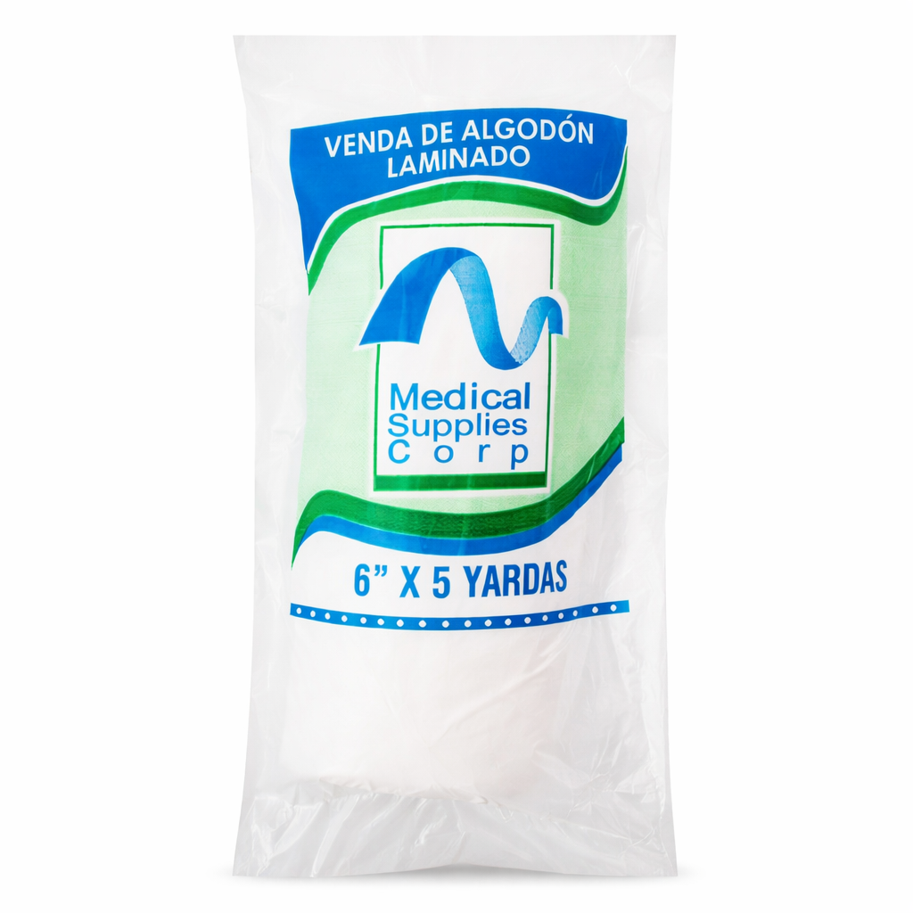 Algodón laminado de 6 pulgadas por 5 yardas, color blanco, utilizado en suministros médicos para vendajes y curaciones.