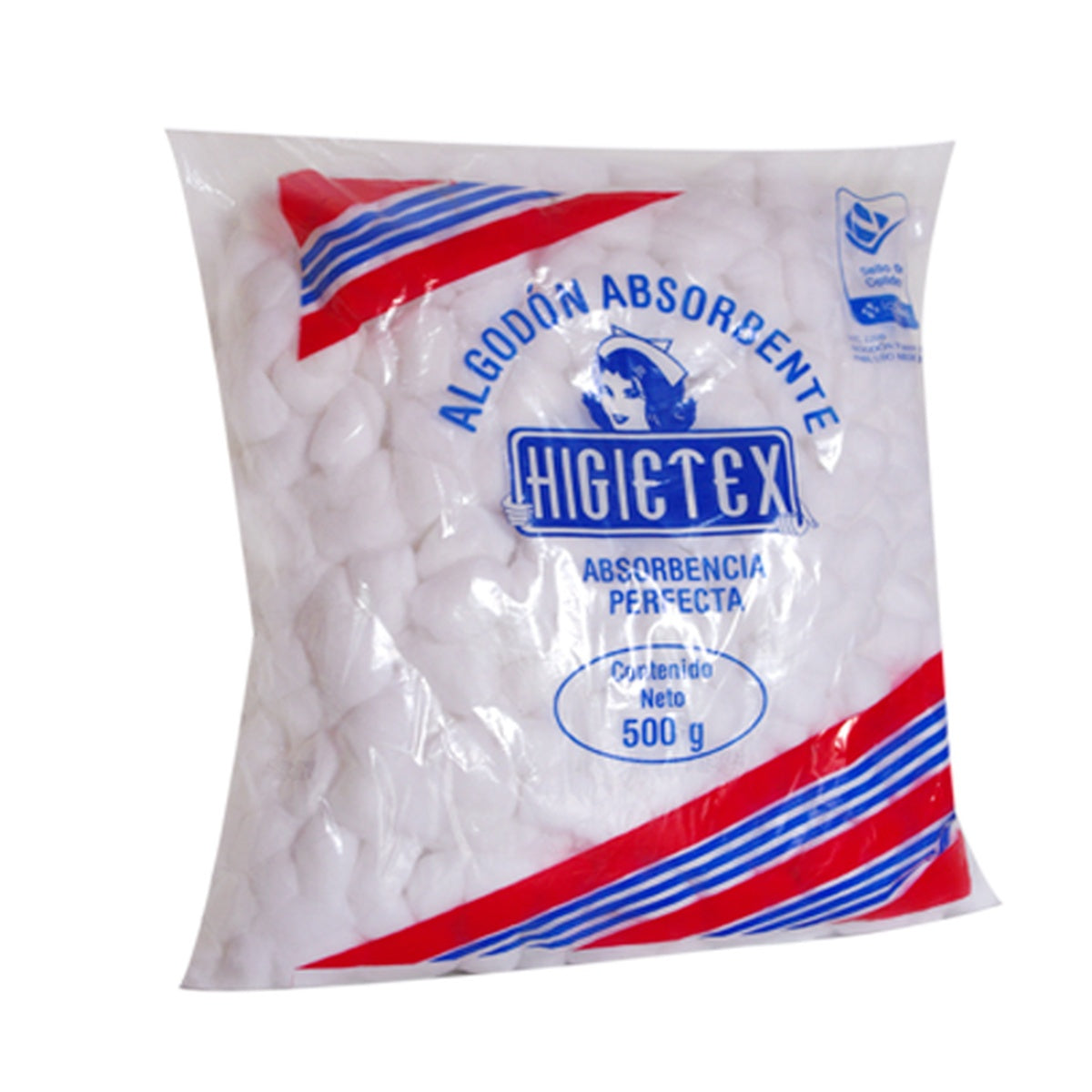 Algodón absorbente Higietex, blanco y purificado, prensado en zig-zag, ideal para la aplicación de medicamentos tópicos.