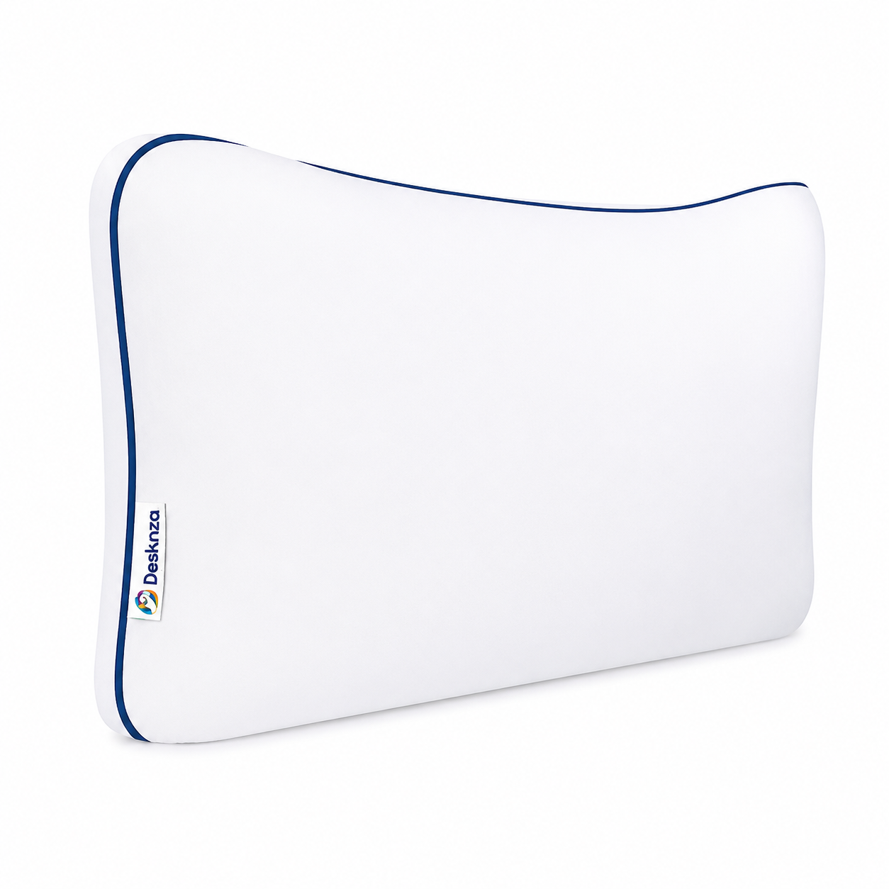 Almohada ergonómica Duo Sense marca Deskanza con contorno anatómico y bordes azules.