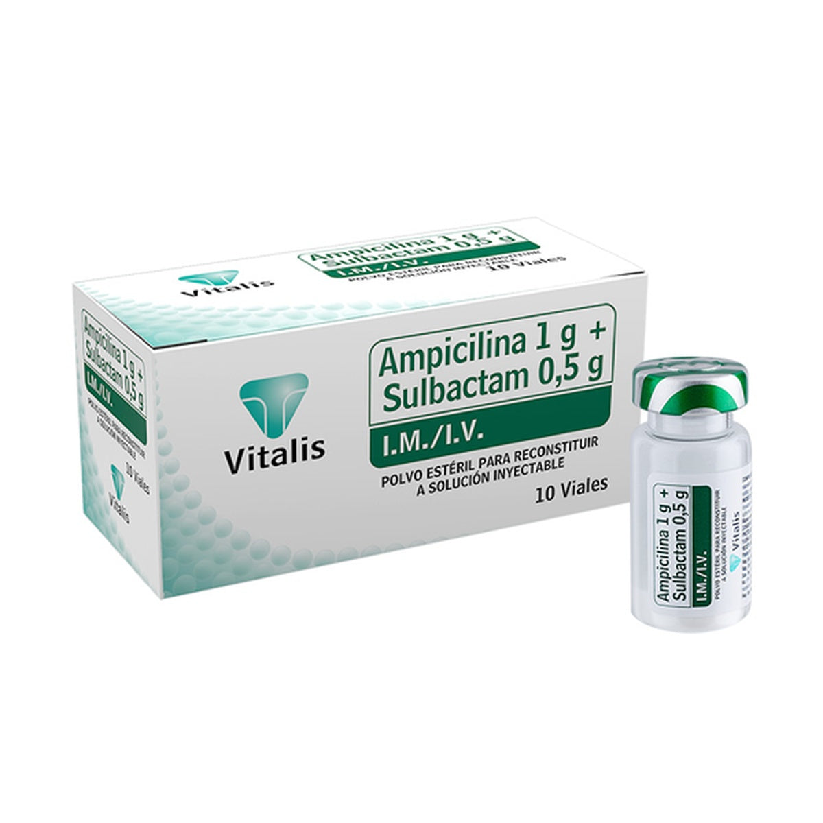 Polvo estéril blanco cristalino de Ampicilina + Sulbactam 1.5 g de Vitalis, indicado para tratamiento de infecciones bacterianas.