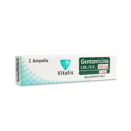 Gentamicina Sulfato 160 mg/2 ml de Vitalis, ampolla transparente con líquido incoloro, etiquetada con información del producto.