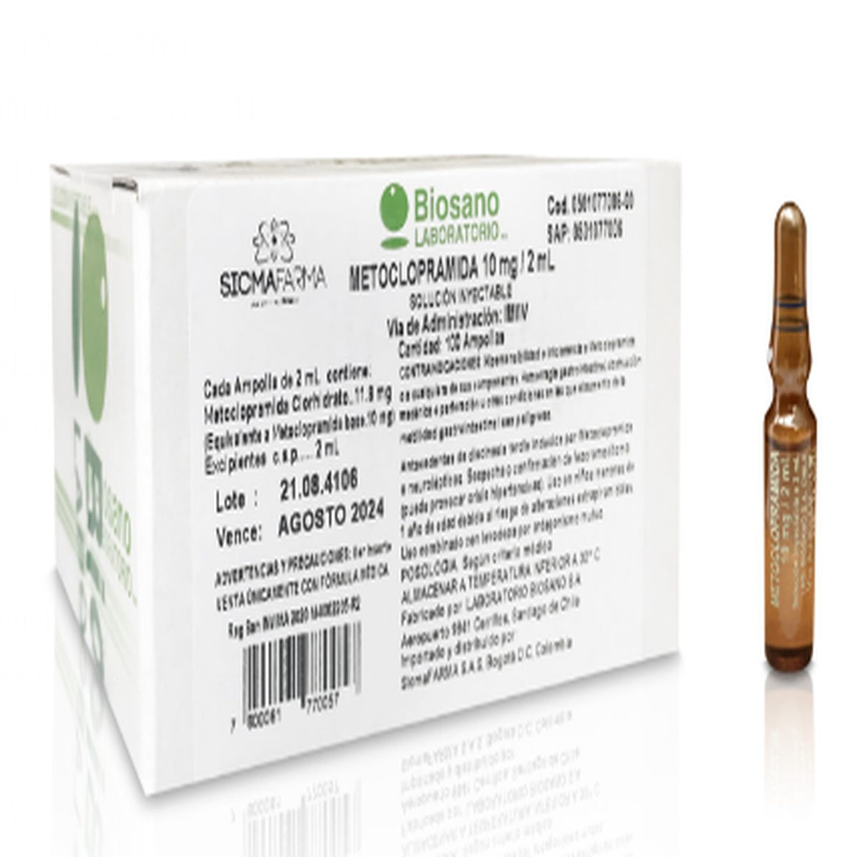 Ampolla de vidrio borosilicato ámbar de 2 mL con solución inyectable de Metoclopramida 10 mg, presentada en caja de cartón con 100 unidades.