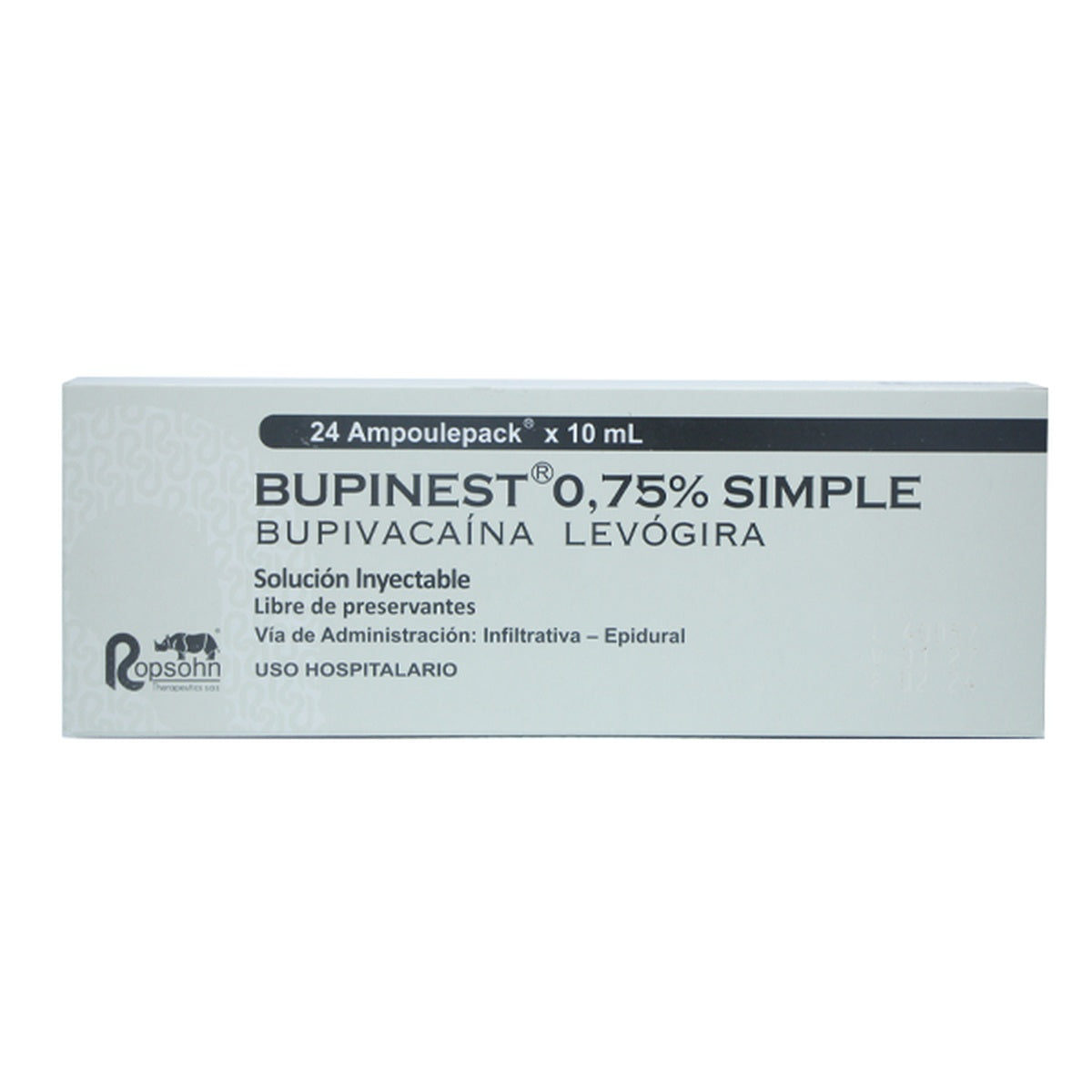 BUPINEST 0.75% SIMPLE APP, anestésico local inyectable, 24 ampolletas de 10 mL, color transparente, en caja blanca.