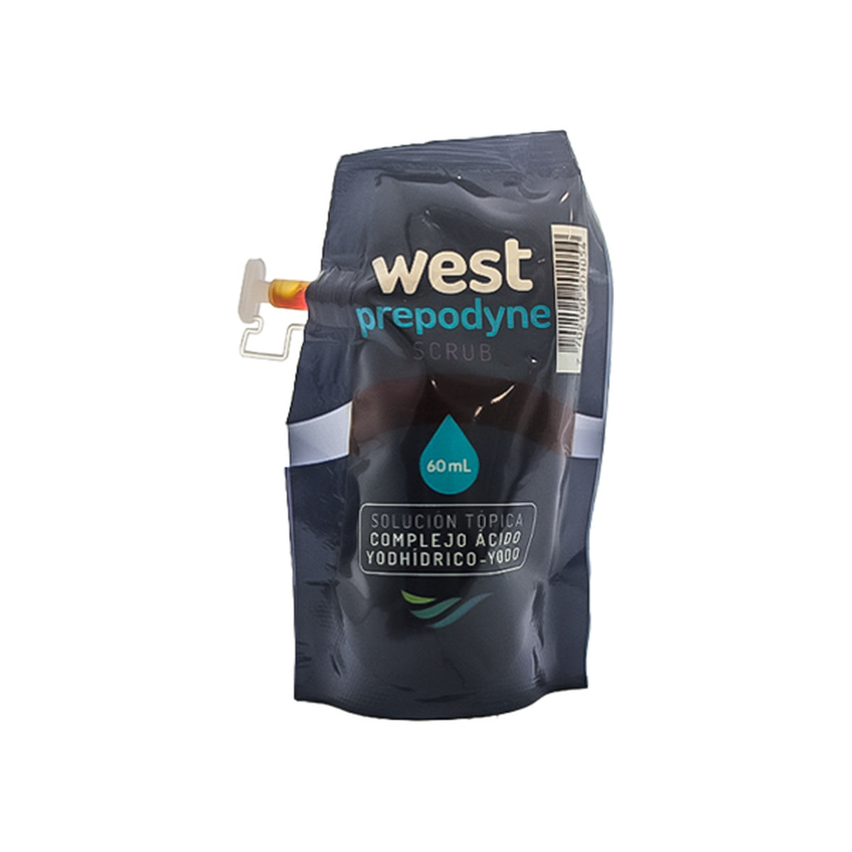 Prepodyne Scrub 60 ml, jabón antiséptico color ámbar, líquido viscoso, indicado para desinfección en entornos clínicos.