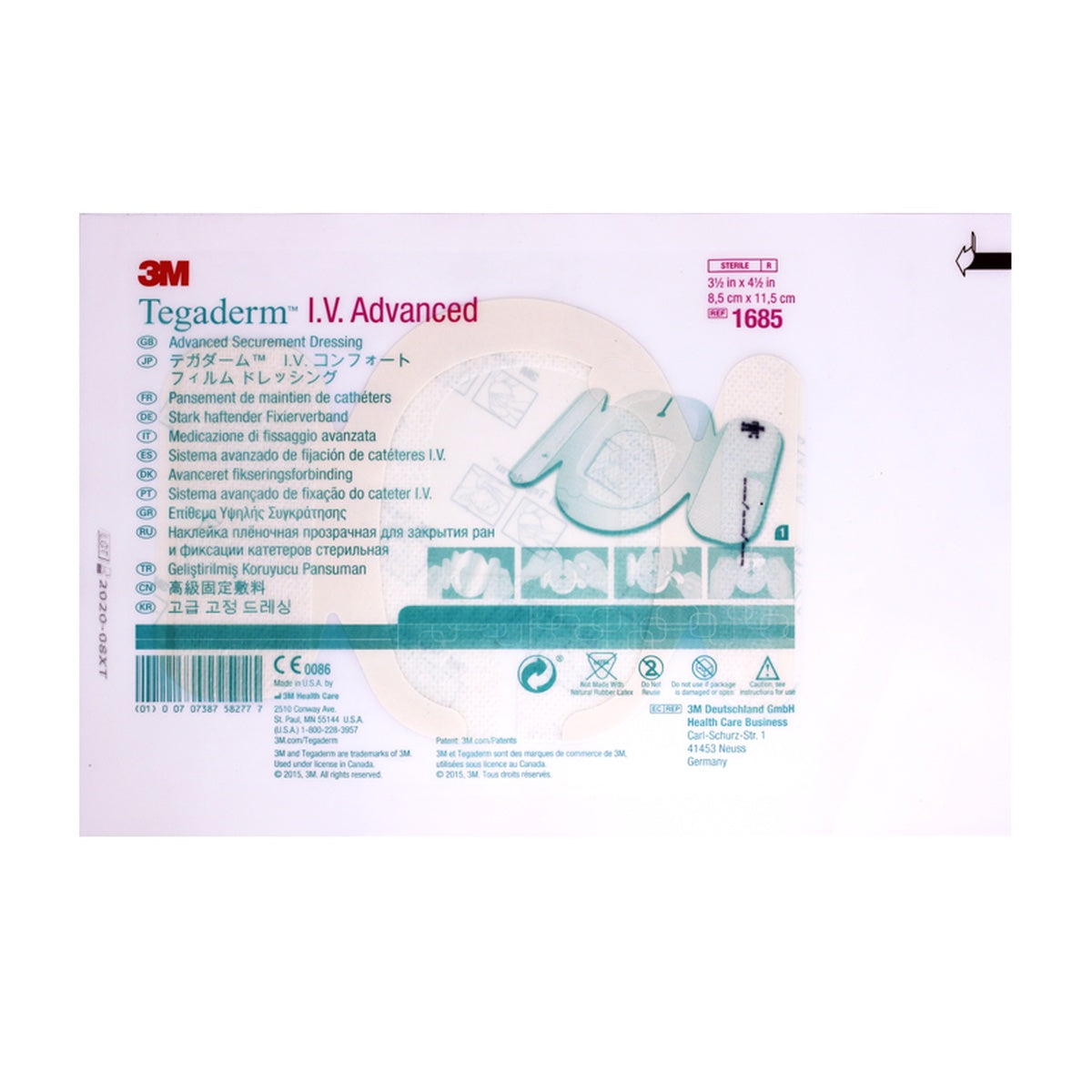 Apósito estéril Tegaderm™ I.V. Advanced 1685, transparente, 8.5 x 11.5 cm, diseñado para fijar y proteger catéteres intravasculares.