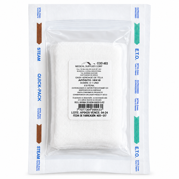 Apósito de gasa estéril Medical Supplies de 10 x 10 cm para curaciones, cobertura y protección de heridas.