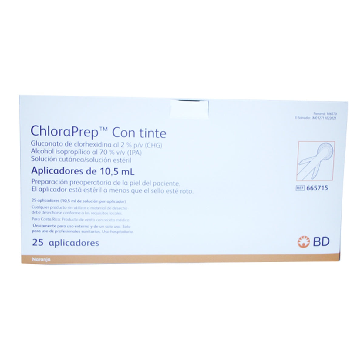 Aplicador ChloraPrep® unidosis de 10.5 ml con solución estéril de clorhexidina al 2% y alcohol al 70%, con esponja sin látex y mango cilíndrico.